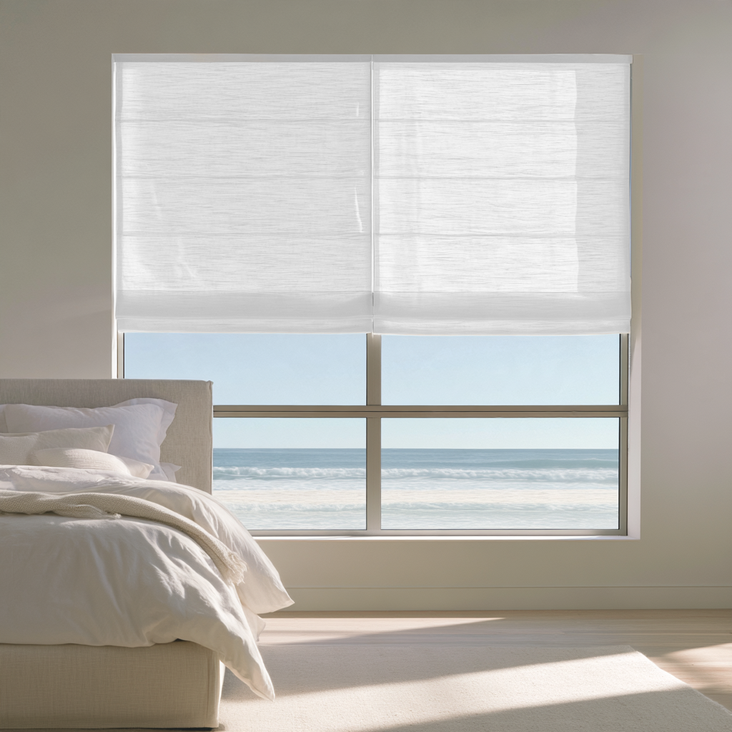 Off-White Roman Shades in a Modern Bedroom with Off-White Walls and a Beige Bed and Ocean View