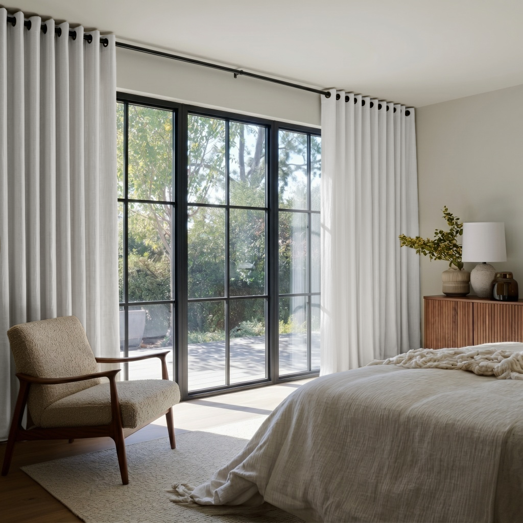Off-White Linen Grommet Bedroom Curtains in a Warm Bedroom with Greige Walls and Honey Wood Furniture