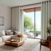 Off-White Linen Grommet Curtains for Sliding Doors in a Living Room with Light Grey Walls - Blackout Lining
@Heading: Grommets