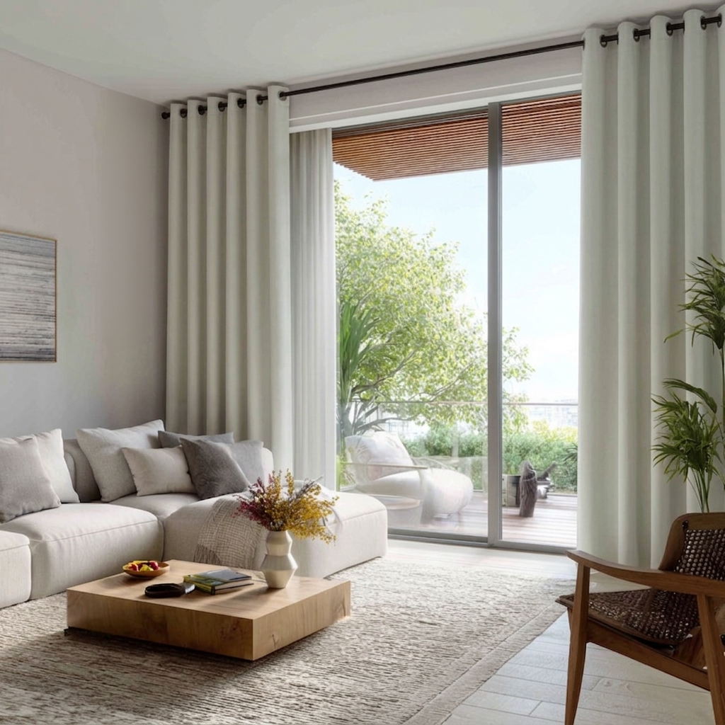 Off-White Linen Grommet Curtains for Sliding Doors in a Living Room with Light Grey Walls - Blackout Lining
@Heading: Grommets