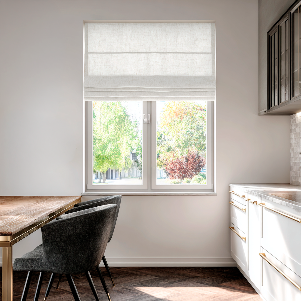 Off-White Linen Kitchen Roman Shades in a Minimal Kitchen with White Cabinetry - Cotton Lining