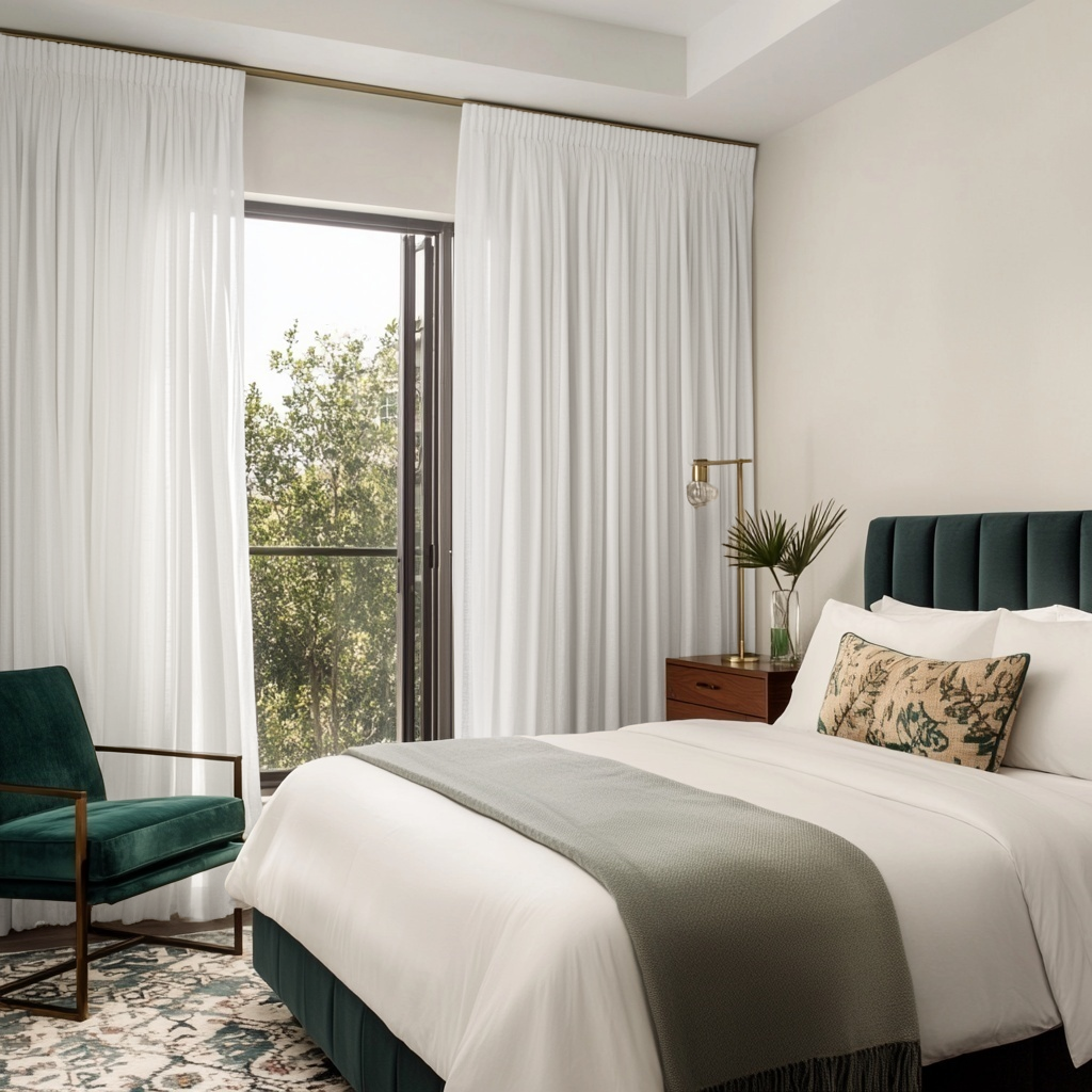 Off-White Linen Pencil Pleat Curtains in a Serene Contemporary Bedroom with Clean Lines and Natural Tones