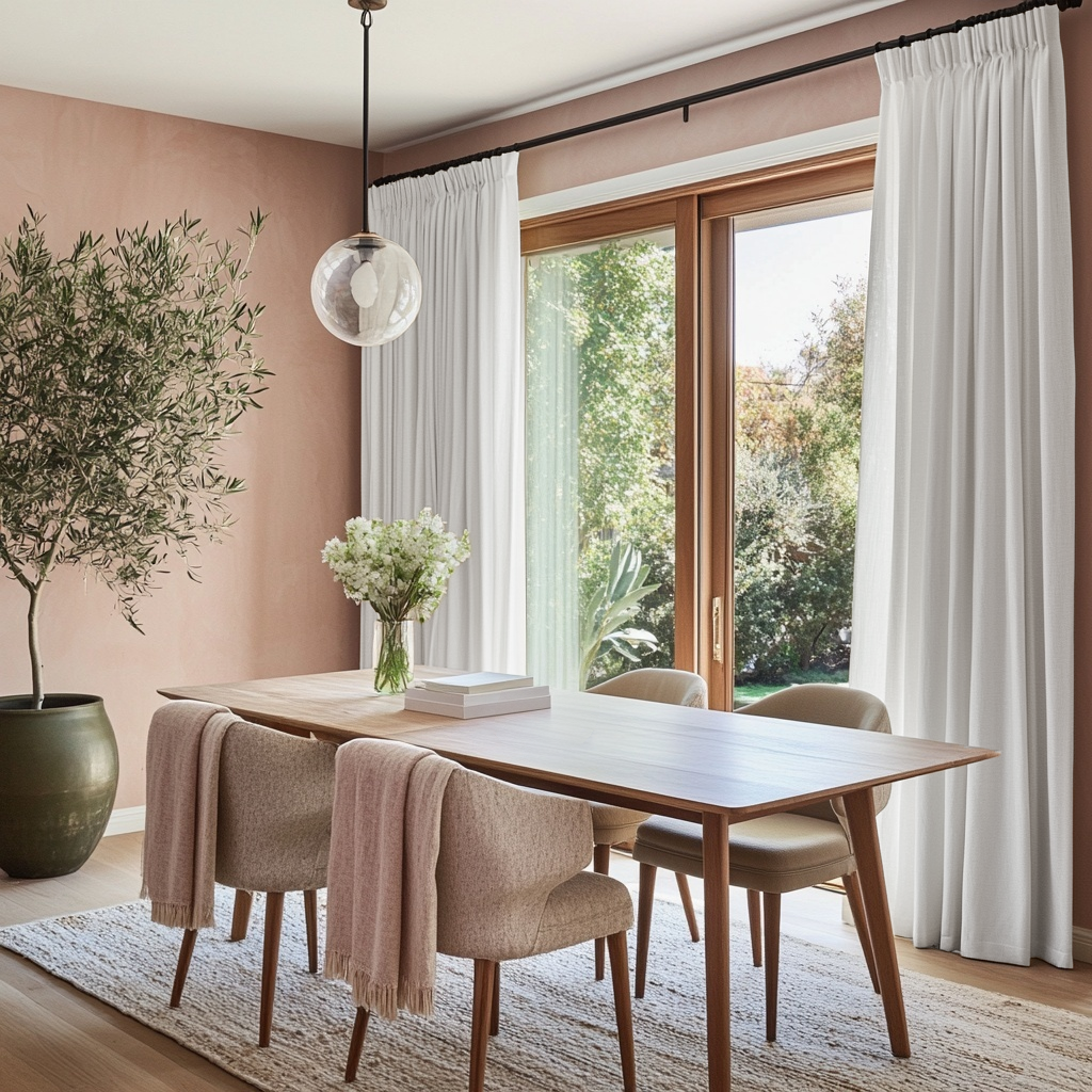 Off-White Linen Pencil Pleat Curtains for Sliding Doors in a Dining Room with Blush Pink Walls - Cotton Lining
@Heading: Pencil Pleat