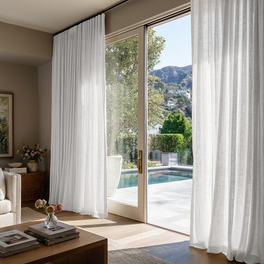 Off-White Linen S-Fold Curtains for Sliding Doors in a Living Room with Beige Walls
@Heading: S-Fold