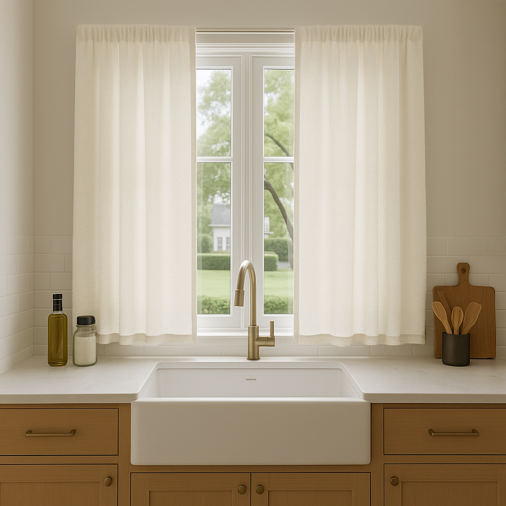 Off-White Long Linen Kitchen Curtains