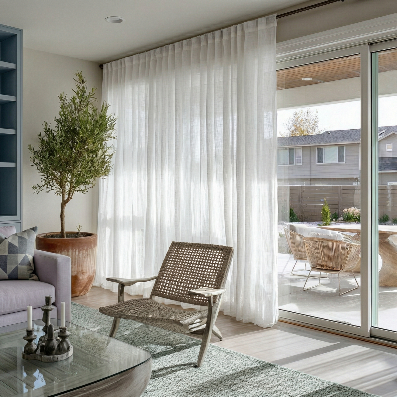 Off-White Sheer Linen Back Tab Curtains for Sliding Doors in a Living Room with Light Grey Walls