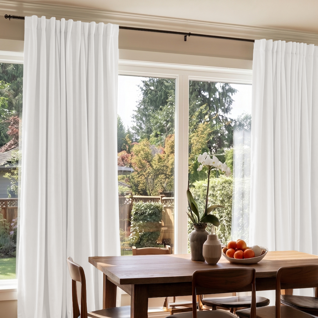 Off-White Velvet Curtains light dining room, beige walls, wooden chairs, wooden table, tangerine dish