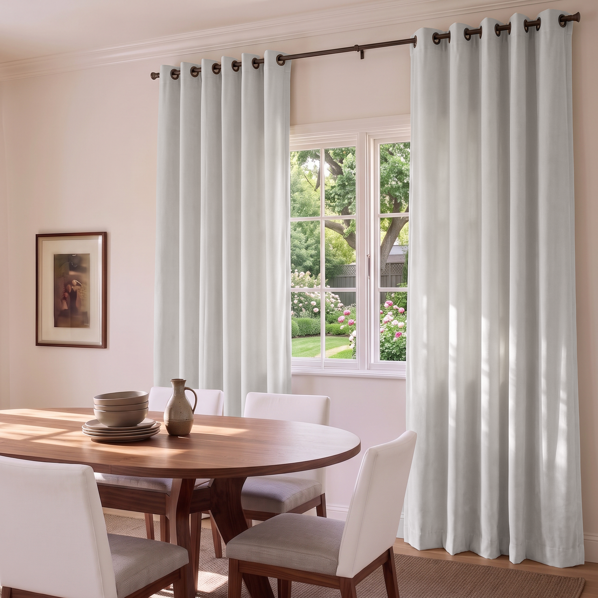 Off-White Velvet Curtains in a Light Dining Room with Beige Walls and a Wooden Table, Soft Wooden Chairs, Brown Carpet