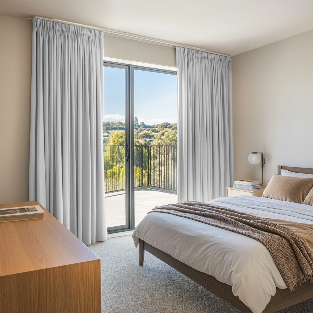 Off-White Velvet Pencil Pleat Blackout Curtains for Sliding Doors in a Bedroom with Beige Walls