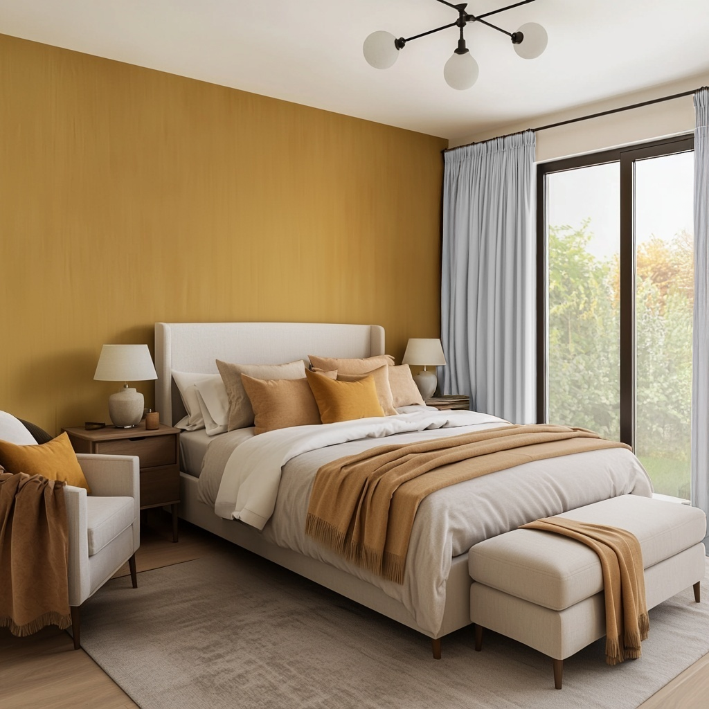Off-White Velvet Pencil Pleat Blackout Curtains in a Bedroom with Ochre Yellow Walls