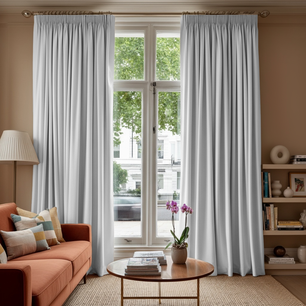 Off-White Velvet Pencil Pleat Blackout Curtains in a Living Room with Beige Walls