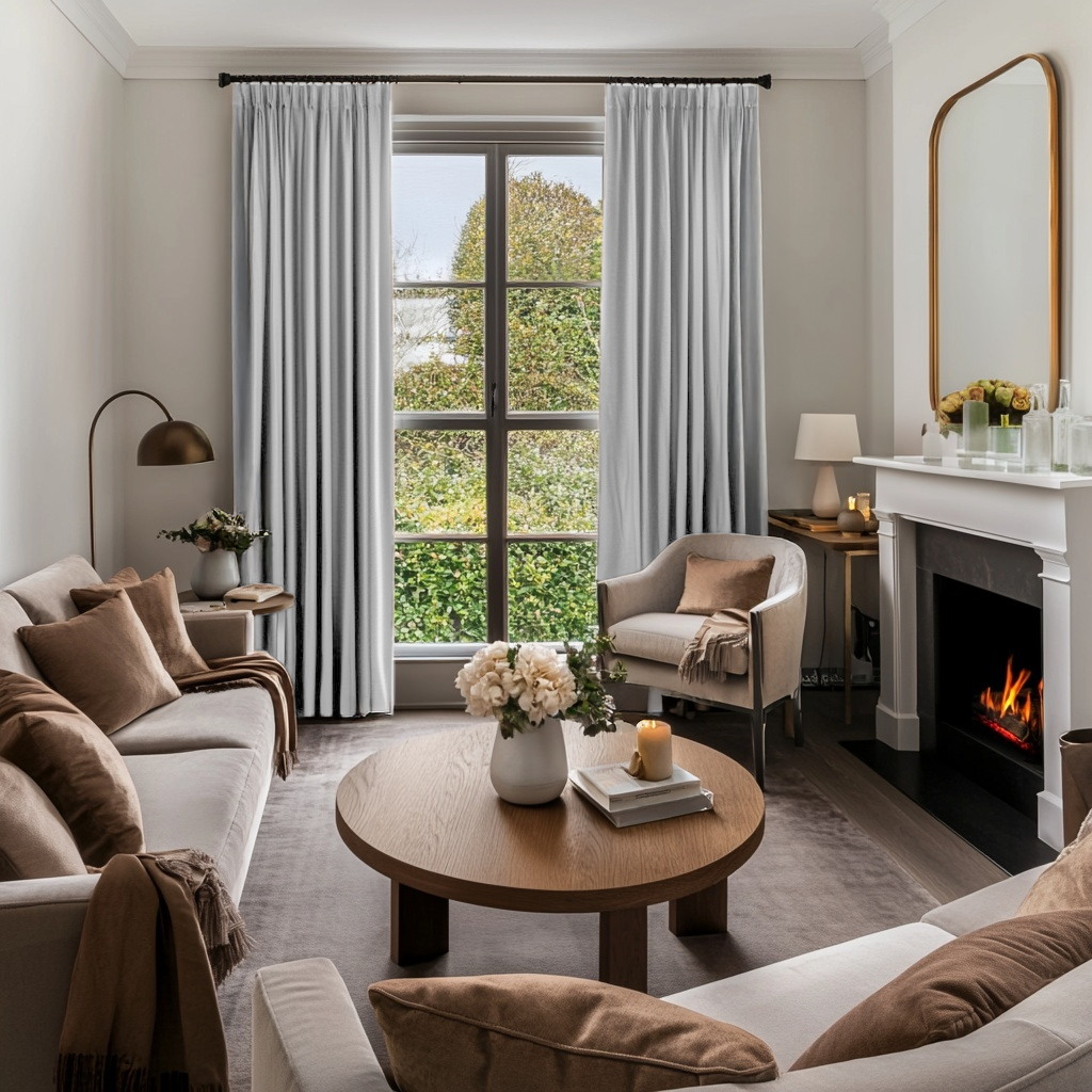 Off-White Velvet Pencil Pleat Blackout Curtains in a Living Room with Soft Grey Walls