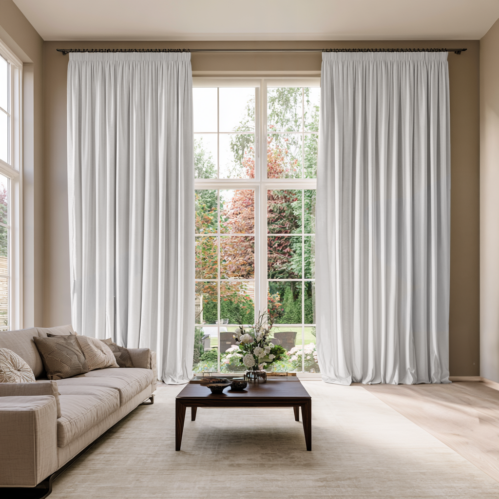 Off-White Velvet Pencil Pleat Extra Long Curtains in a Bright, Modern Living Room With a Beige Sofa and Wooden Coffee Table