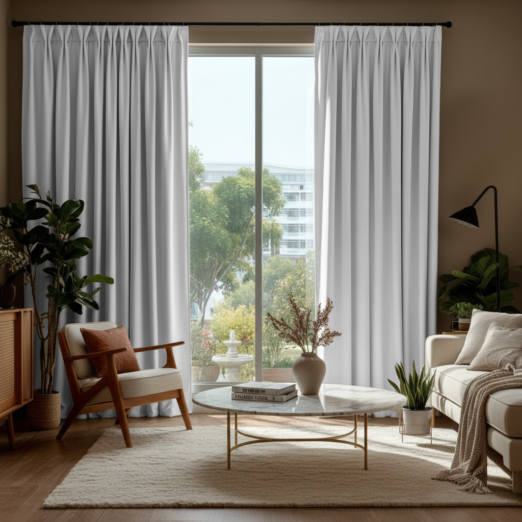 Off-White Velvet Pinch Pleat Blackout Curtains in a Living Room with Taupe Walls