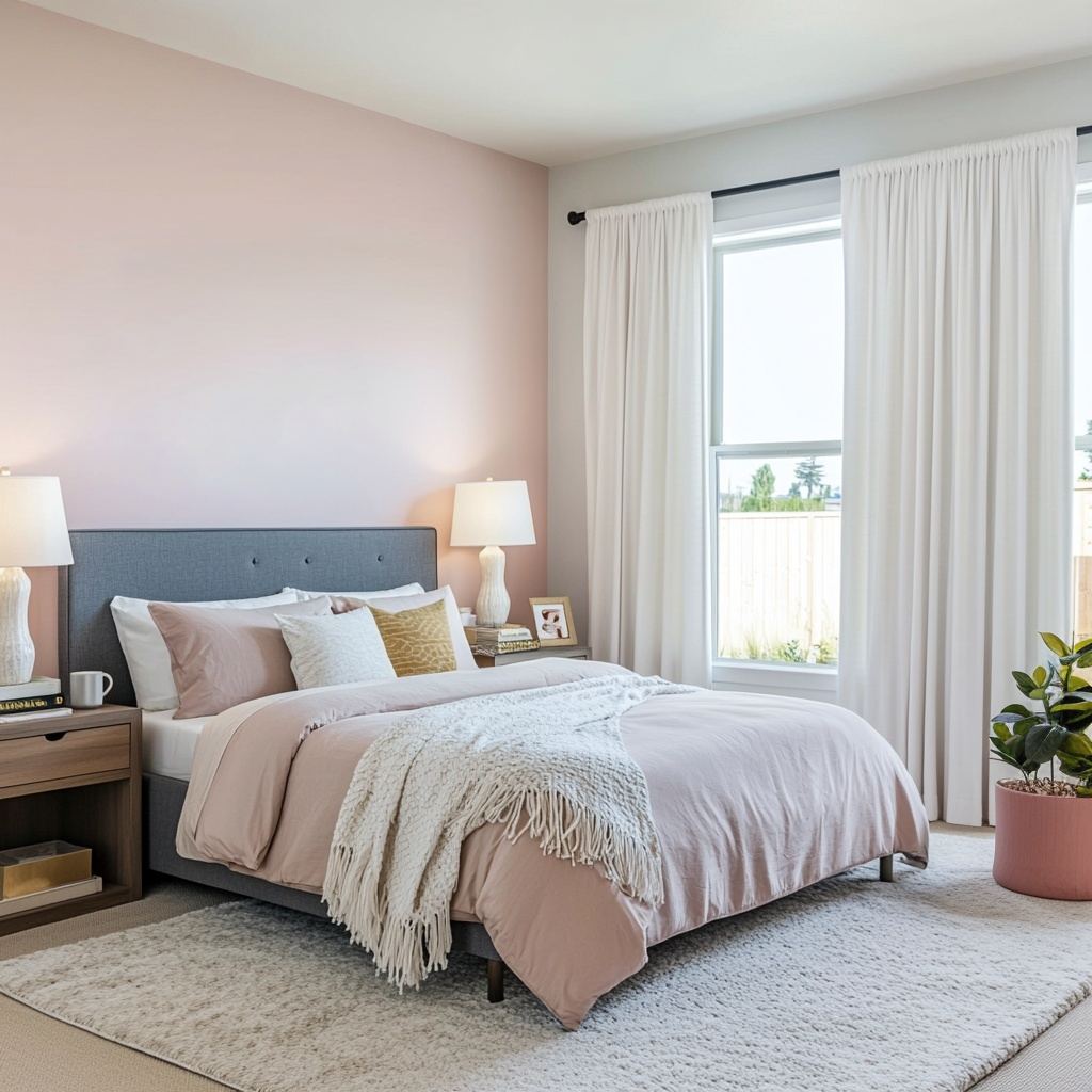 Off-White Velvet Rod Pocket Blackout Curtains in a Bedroom with Blush Pink Walls