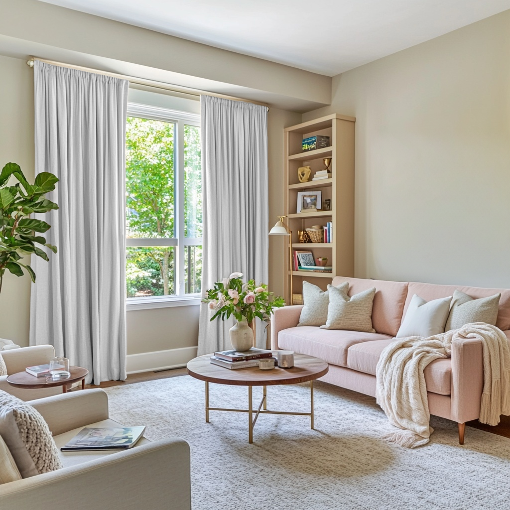 Off-White Velvet Rod Pocket Blackout Curtains in a Living Room with Beige Walls