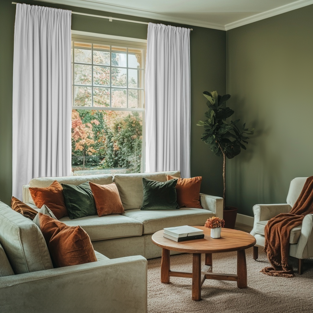 Off-White Velvet Rod Pocket Blackout Curtains in a Living Room with Sage Green Walls