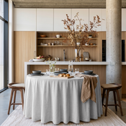 Off-White Velvet Round Tablecloth in a Modern Kitchen with Light Wood Cabinetry