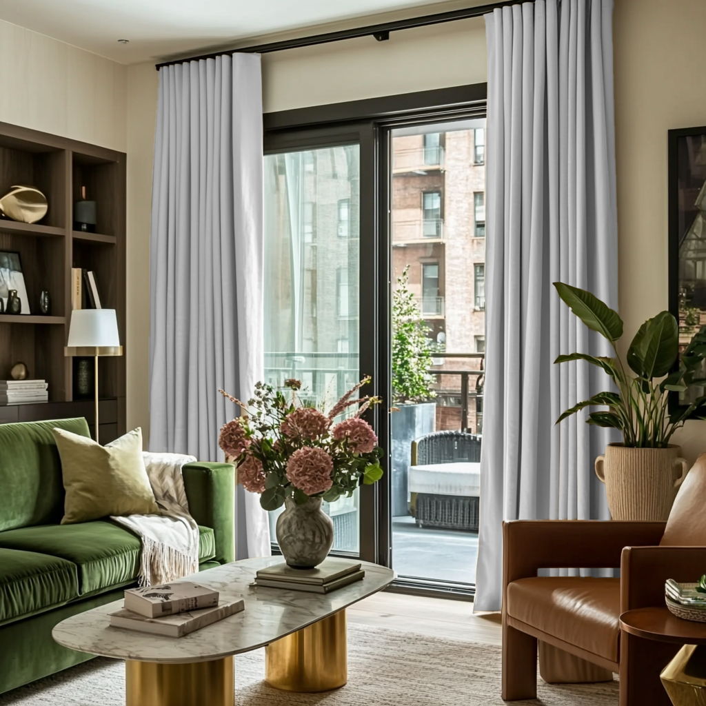 Off-White Velvet S-Fold Blackout Curtains for Sliding Doors in a Living Room with Cream Walls