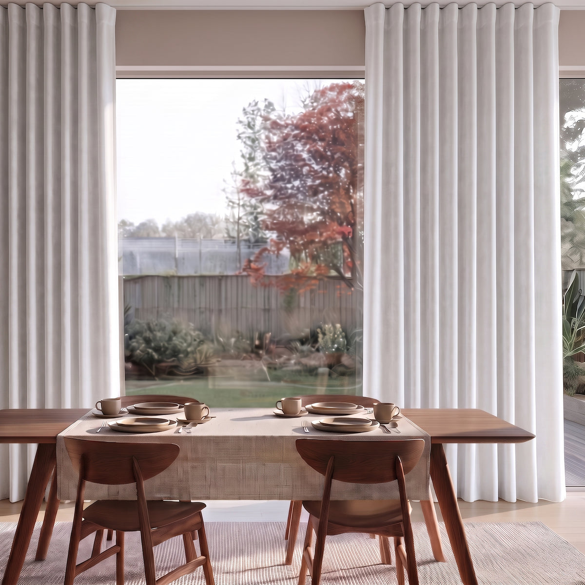 Off-White Velvet Curtains in a Light Dining Room with Beige Walls and a Wooden Table, Woven Wooden Chairs, White Carpet
