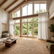 Off-White Linen Back Tab Extra Long Curtains in a Modern Organic Living Room with High Ceilings and Natural Wood Accents