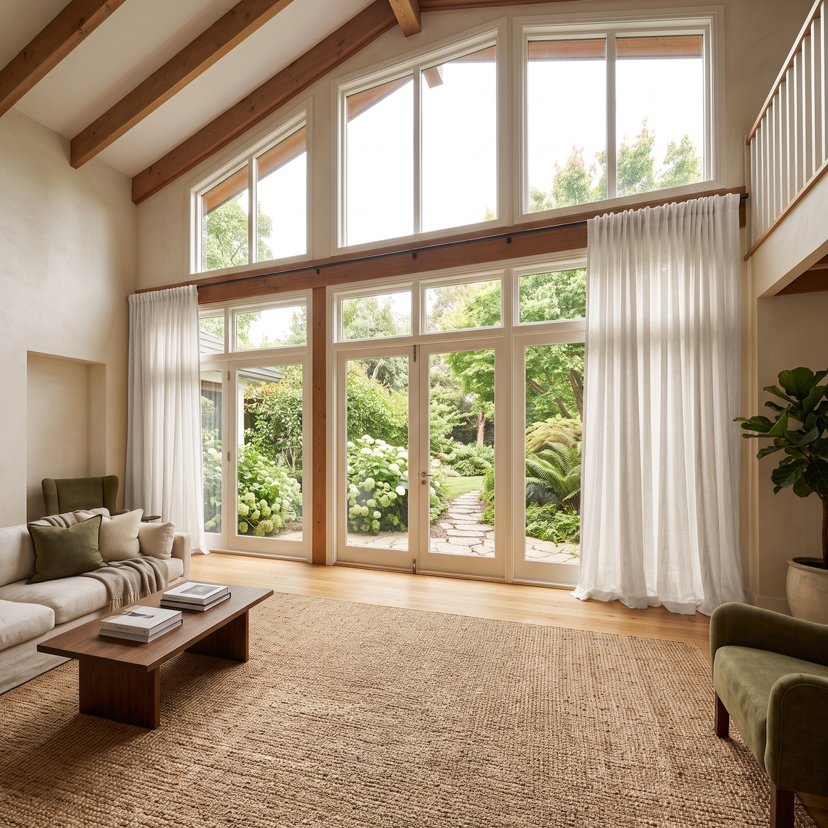 Off-White Linen Back Tab Extra Long Curtains in a Modern Organic Living Room with High Ceilings and Natural Wood Accents