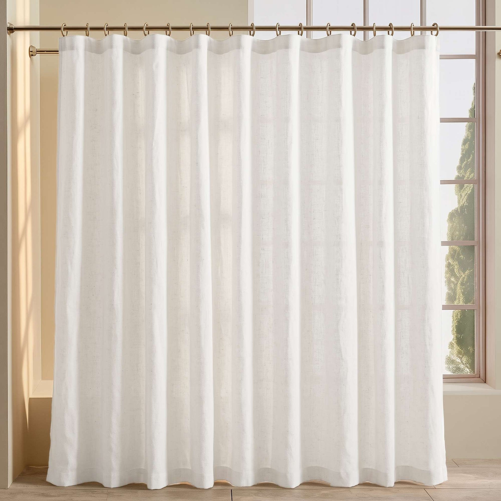 Off White Linen Button-Hole Top Weighted Shower Curtain in front of a Window with Soft Light