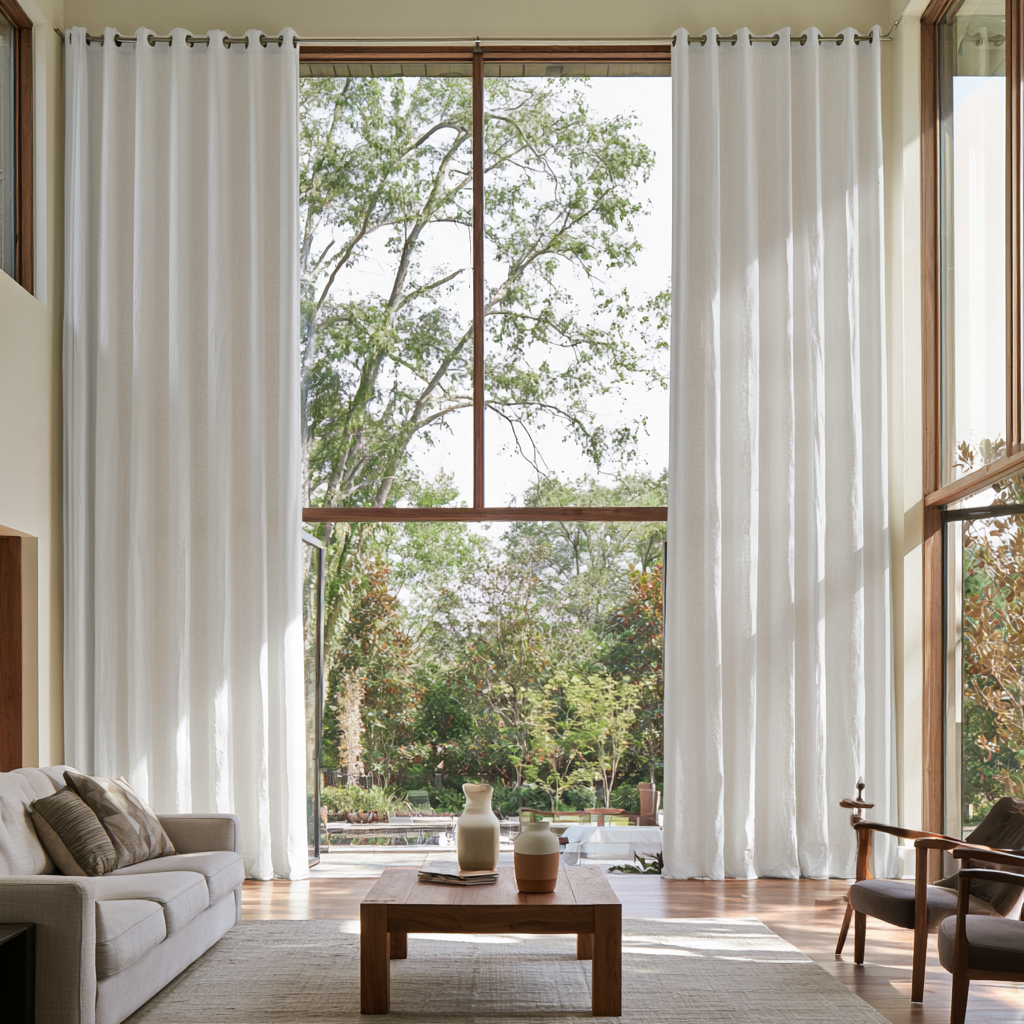 Off-White Linen Grommet Extra Long Curtains in a Contemporary Living Room with Double-Height Windows and Garden Views