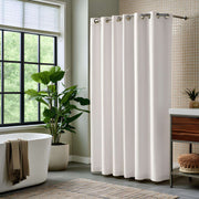Off White Linen Hookless Weighted Shower Curtain in a Beautifully Styled Bathroom