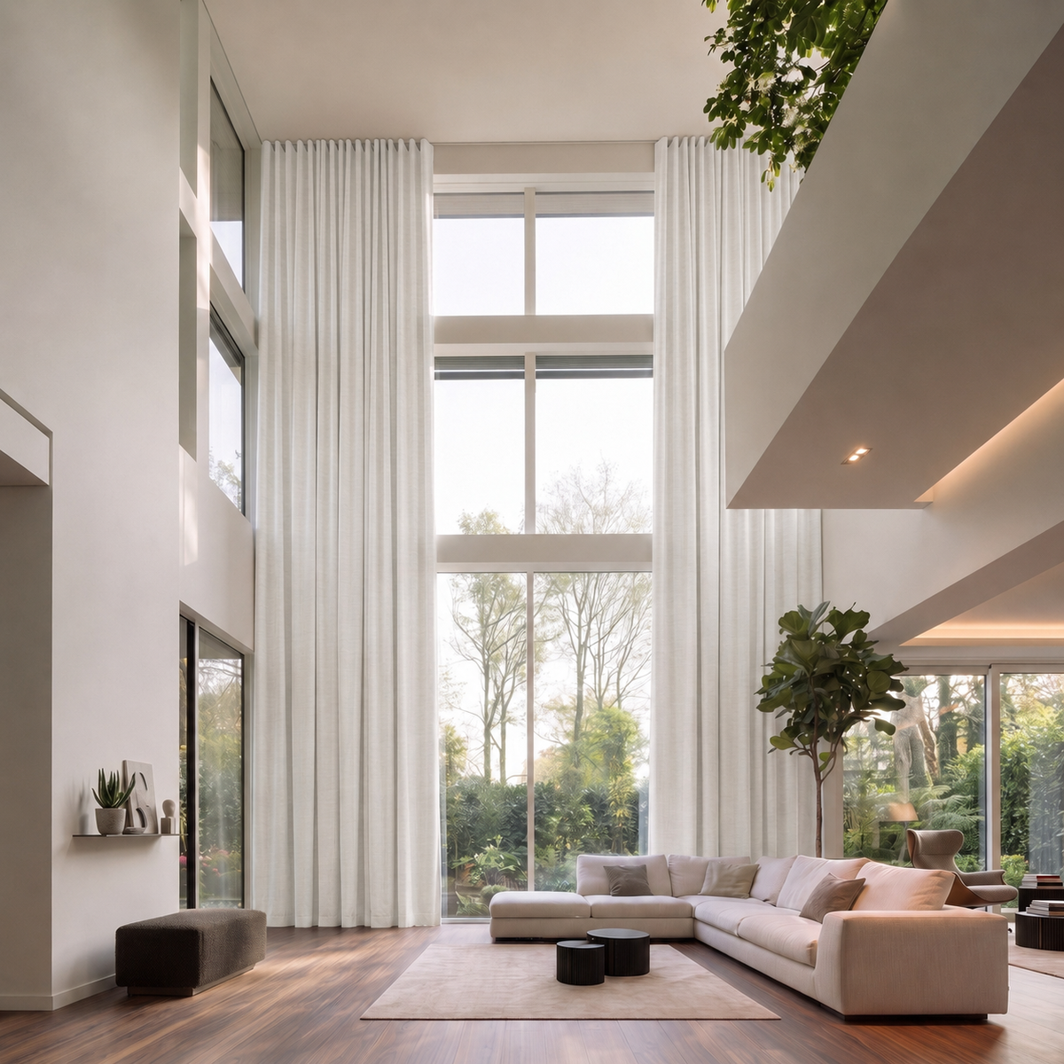 Off-White Linen S-Fold Extra Long Curtains in a Minimalist Double-Height Living Room with Floor-to-Ceiling Windows and Neutral Furniture