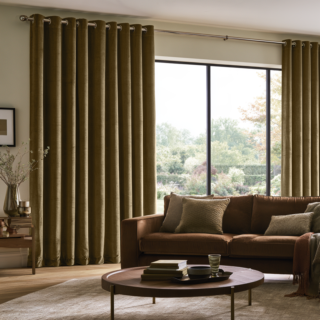 Olive Brown Velvet Grommet Extra Long Curtains in a Contemporary Living Room with Brown Sofa and Round Coffee Table