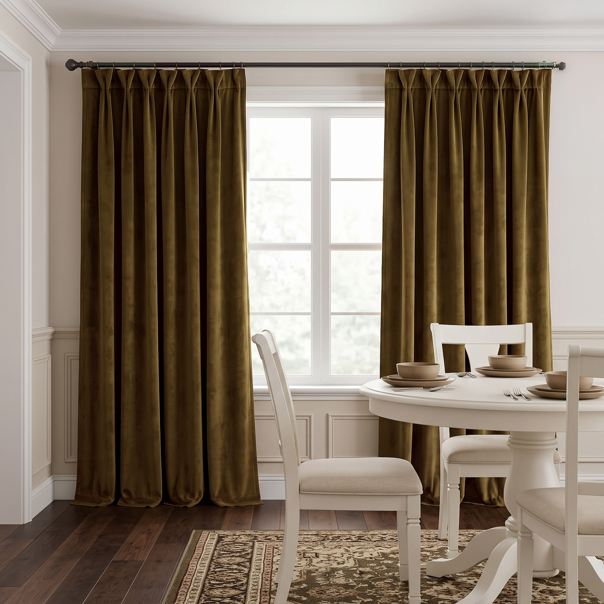 A classic dining room with olive-brown velvet curtains, a round white table, matching white chairs, neutral tableware, dark wooden flooring, and soft natural light