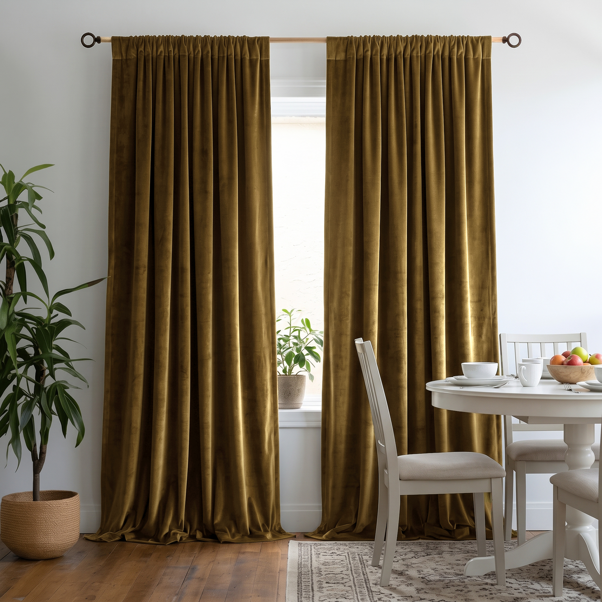A cozy dining space with floor-length olive-brown curtains, a round white table, upholstered chairs, simple tableware, a fruit bowl, and a tall indoor plant