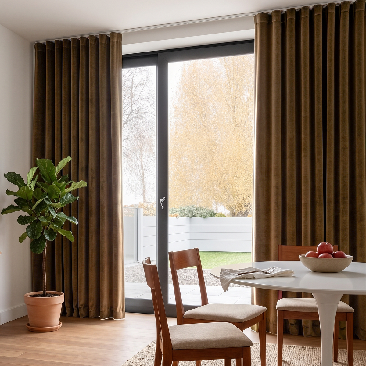 A warm modern dining room with floor-to-ceiling brown curtains, large glass patio doors, a white dining table, wooden chairs, a fruit bowl, and a leafy indoor plant