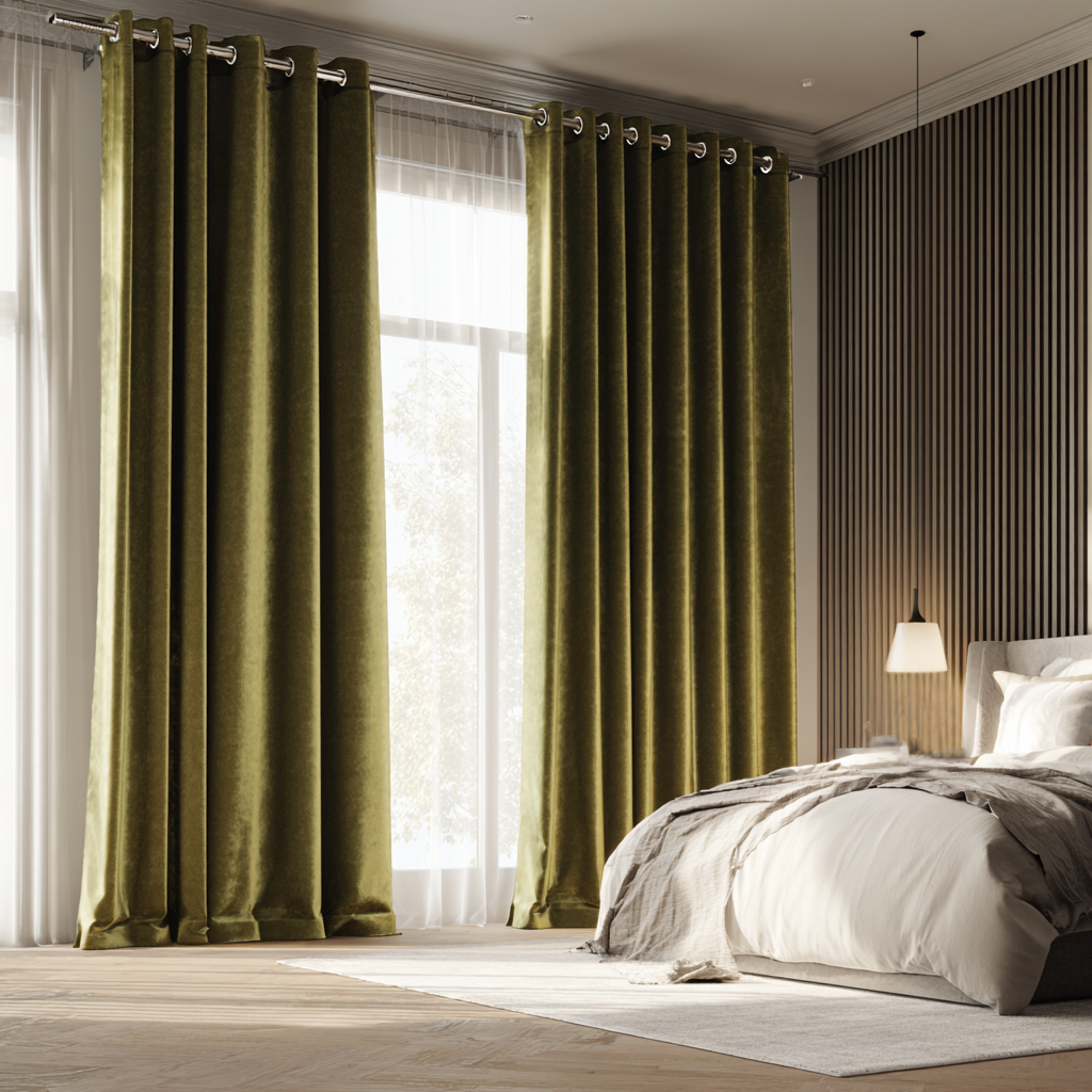 Olive Green Velvet Blackout Grommet Curtain