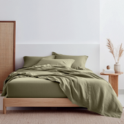 Olive Green Washed Linen Deep Pocket Fitted Sheet 