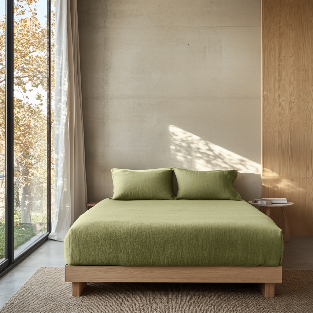 Olive Green Washed Linen Deep Pocket Fitted Sheet 