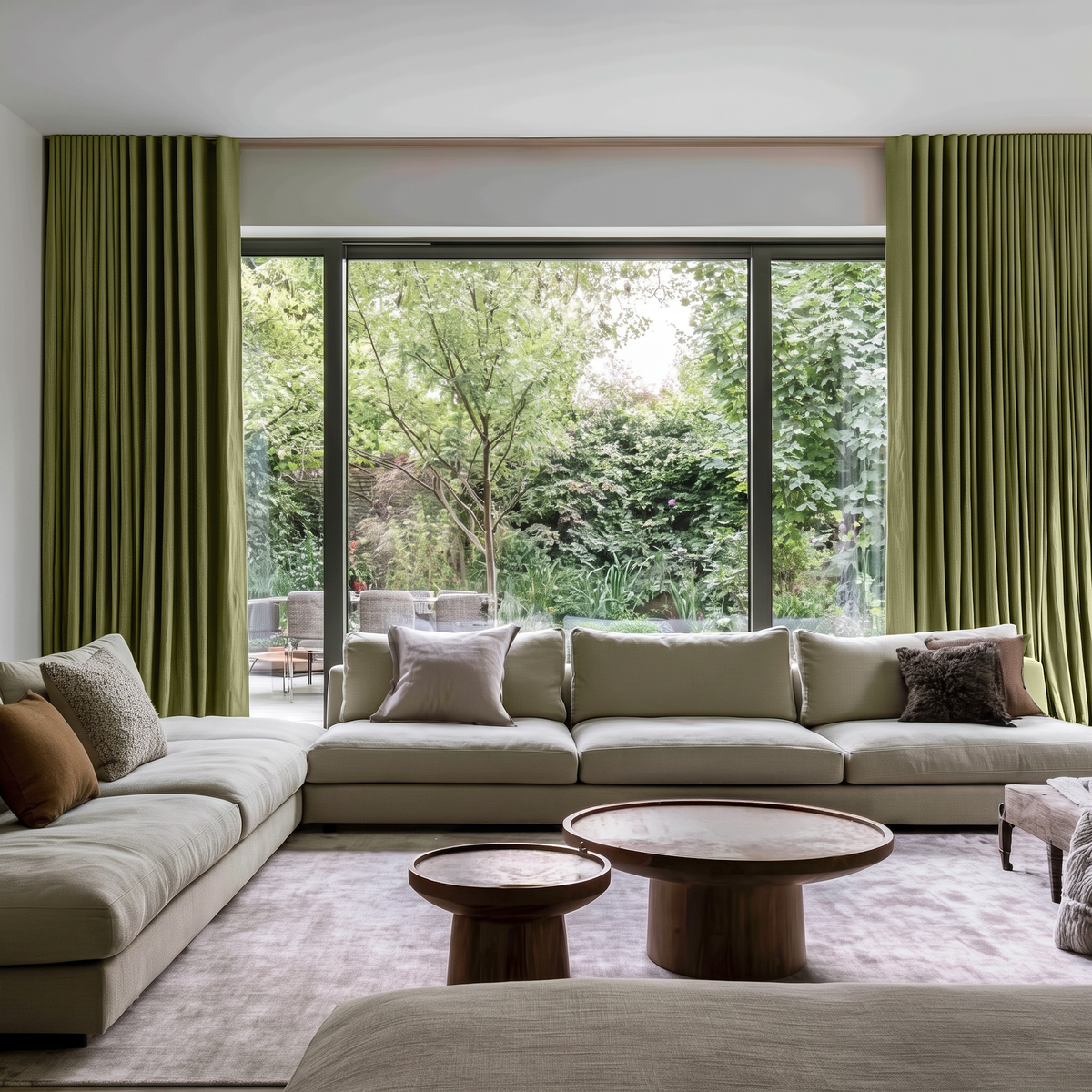 Olive Green Linen Back Tab Extra Long Curtains in a Contemporary Living Room with a Light Beige Sectional Sofa and Garden View