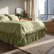 Olive Green Linen Bed Skirt with Gathered Ruffles