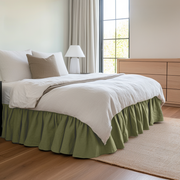 Olive Green Linen Bed Skirt with Gathered Ruffles