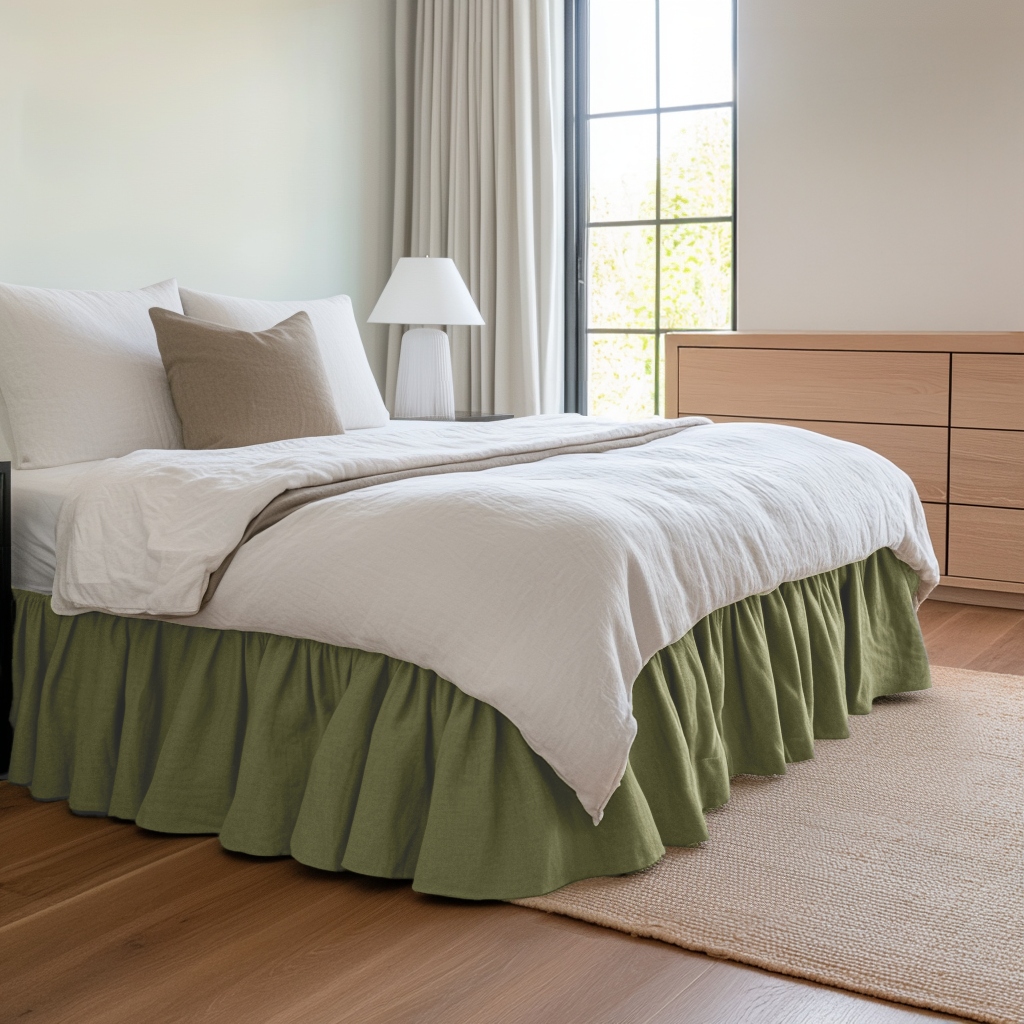 Olive Green Linen Bed Skirt with Gathered Ruffles