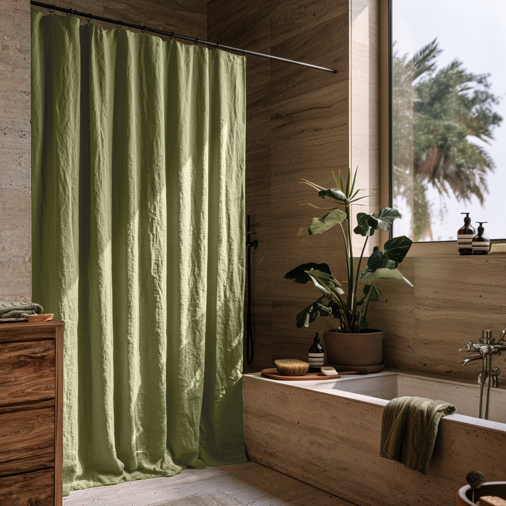 Olive Green Linen Button-Hole Top Shower Curtain in a Bathroom with Beige Stone Walls