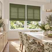 Olive Green Cordless Linen Roman Shades in a Contemporary Dining Room