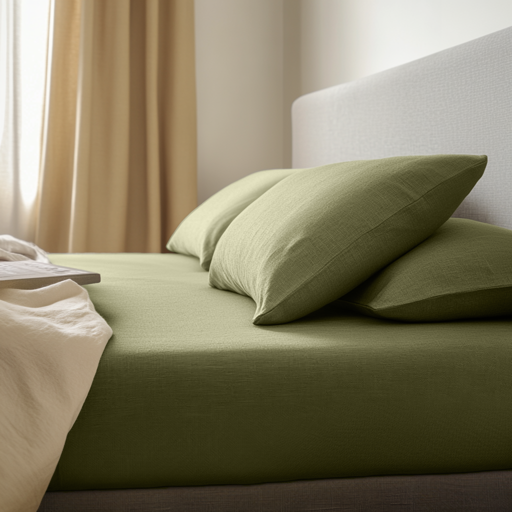Olive Green Washed Linen Deep Pocket Fitted Sheet 