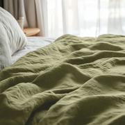 Olive Green Washed Linen Flat Sheet - Close Up Photo