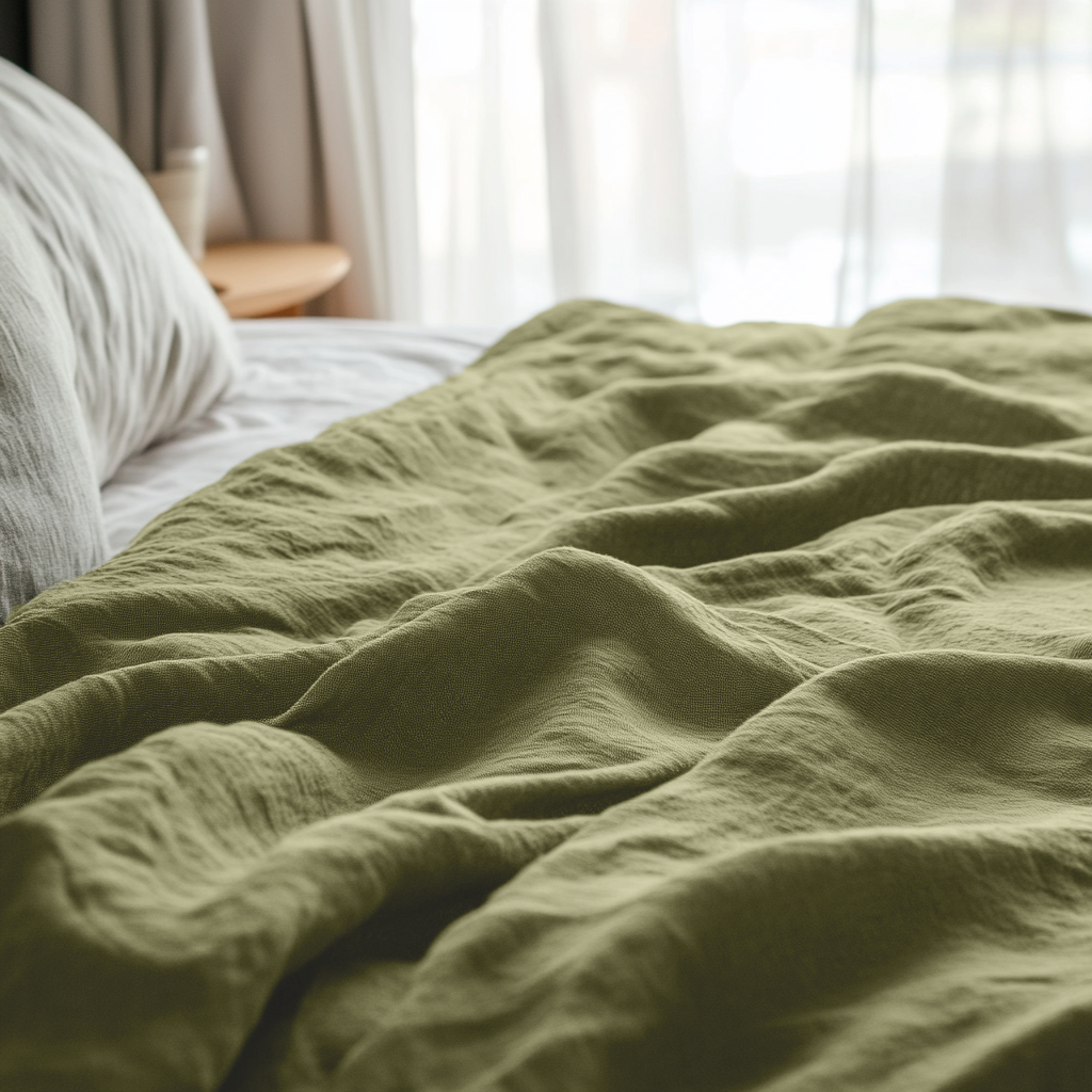 Olive Green Washed Linen Flat Sheet - Close Up Photo