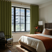 Olive Green Linen Grommet Bedroom Curtains in a Refined Bedroom with Terracotta and Espresso Brown Accents - Blackout Lining