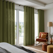 Olive Green Linen Grommet Bedroom Curtains in a Bright Modern Bedroom with Warm White Walls, Light Neutral Bedding, and Terracotta Accents - Cotton Lining