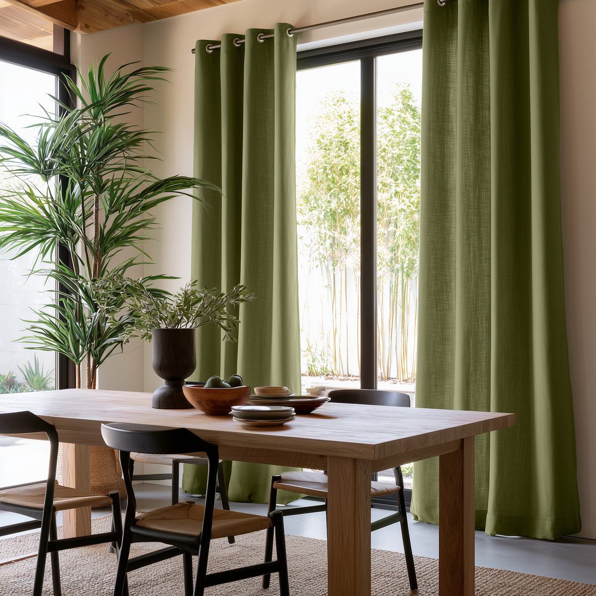 Olive Green Grommet Curtains Hanging On A Window In A Modern Dining Room