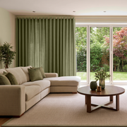 Olive Green Linen Grommet Extra Long Curtains in a Contemporary Living Room with A Beige Sectional Sofa And A Round Wooden Coffee Table